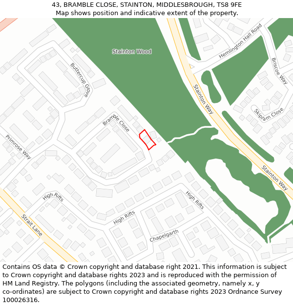 43, BRAMBLE CLOSE, STAINTON, MIDDLESBROUGH, TS8 9FE: Location map and indicative extent of plot