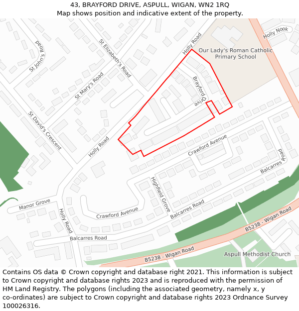 43, BRAYFORD DRIVE, ASPULL, WIGAN, WN2 1RQ: Location map and indicative extent of plot