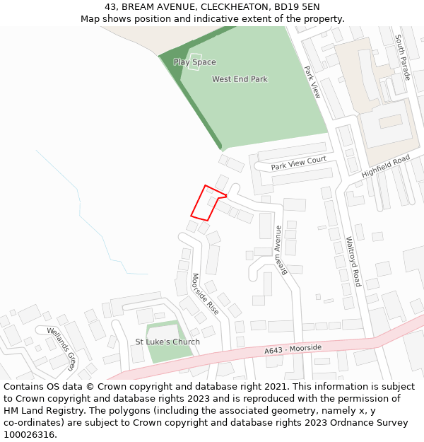 43, BREAM AVENUE, CLECKHEATON, BD19 5EN: Location map and indicative extent of plot