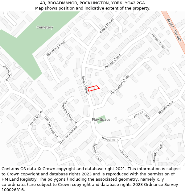 43, BROADMANOR, POCKLINGTON, YORK, YO42 2GA: Location map and indicative extent of plot