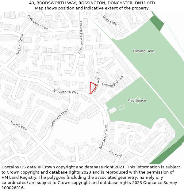 43, BRODSWORTH WAY, ROSSINGTON, DONCASTER, DN11 0FD: Location map and indicative extent of plot