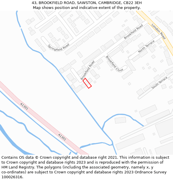 43, BROOKFIELD ROAD, SAWSTON, CAMBRIDGE, CB22 3EH: Location map and indicative extent of plot