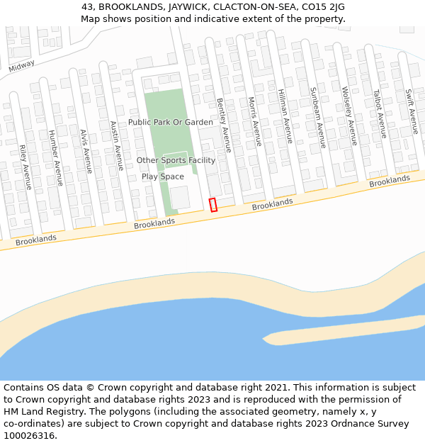 43, BROOKLANDS, JAYWICK, CLACTON-ON-SEA, CO15 2JG: Location map and indicative extent of plot