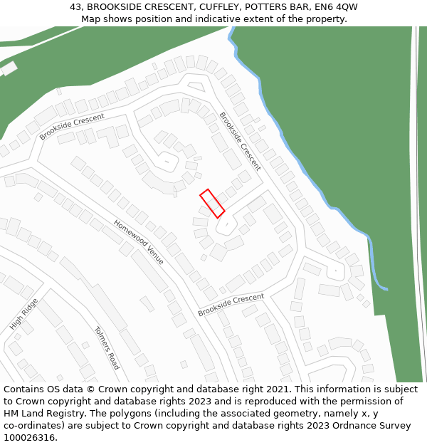 43, BROOKSIDE CRESCENT, CUFFLEY, POTTERS BAR, EN6 4QW: Location map and indicative extent of plot