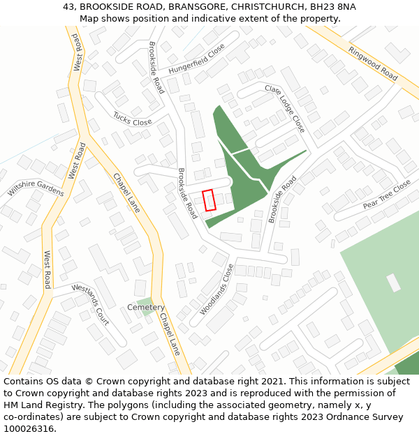 43, BROOKSIDE ROAD, BRANSGORE, CHRISTCHURCH, BH23 8NA: Location map and indicative extent of plot
