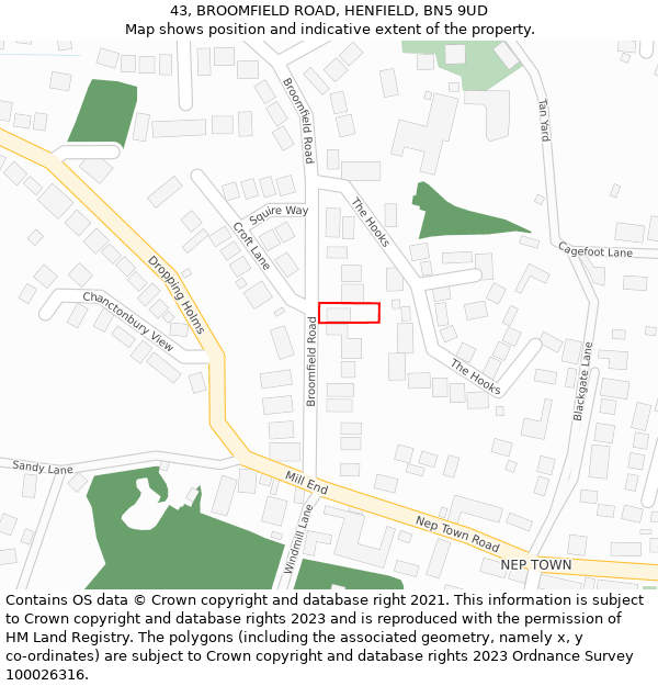 43, BROOMFIELD ROAD, HENFIELD, BN5 9UD: Location map and indicative extent of plot
