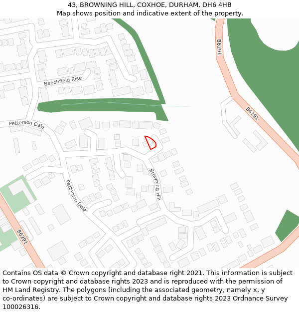 43, BROWNING HILL, COXHOE, DURHAM, DH6 4HB: Location map and indicative extent of plot