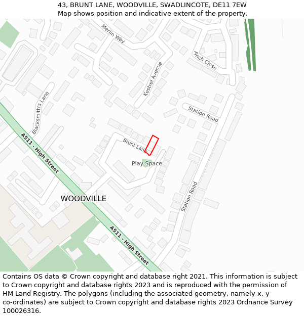 43, BRUNT LANE, WOODVILLE, SWADLINCOTE, DE11 7EW: Location map and indicative extent of plot