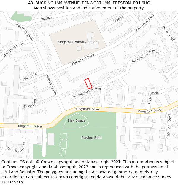 43, BUCKINGHAM AVENUE, PENWORTHAM, PRESTON, PR1 9HG: Location map and indicative extent of plot