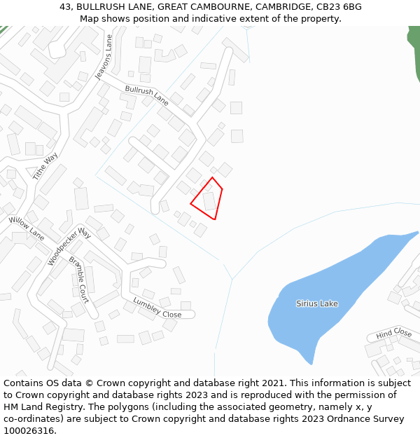 43, BULLRUSH LANE, GREAT CAMBOURNE, CAMBRIDGE, CB23 6BG: Location map and indicative extent of plot