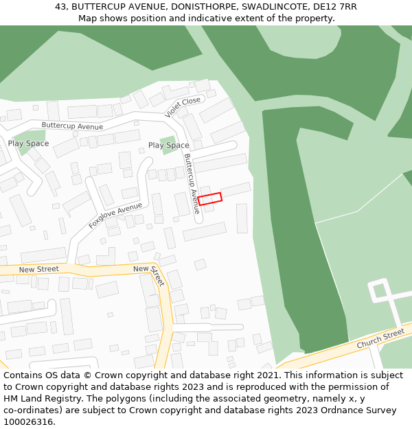 43, BUTTERCUP AVENUE, DONISTHORPE, SWADLINCOTE, DE12 7RR: Location map and indicative extent of plot