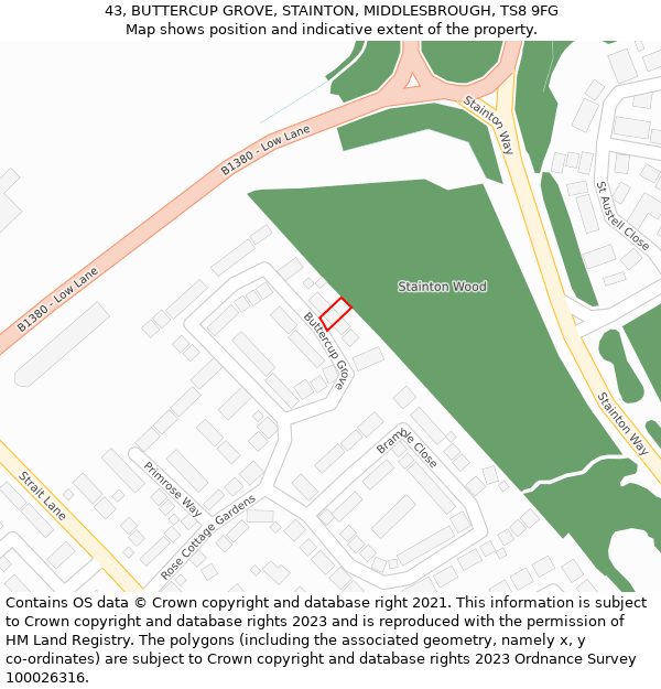 43, BUTTERCUP GROVE, STAINTON, MIDDLESBROUGH, TS8 9FG: Location map and indicative extent of plot