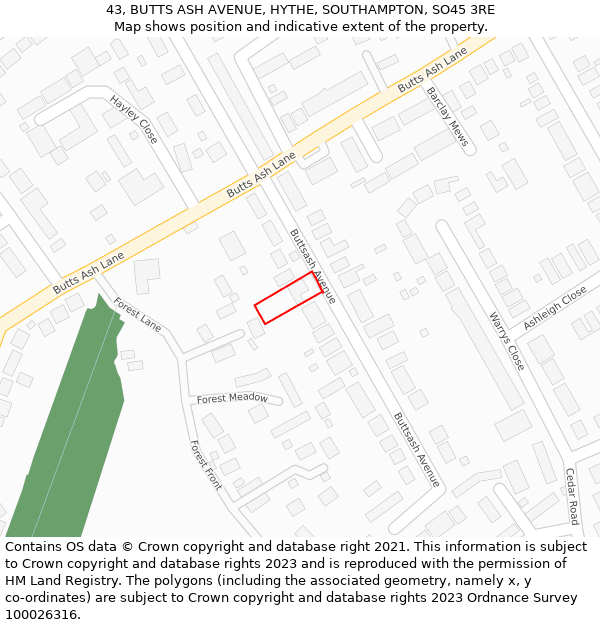 43, BUTTS ASH AVENUE, HYTHE, SOUTHAMPTON, SO45 3RE: Location map and indicative extent of plot