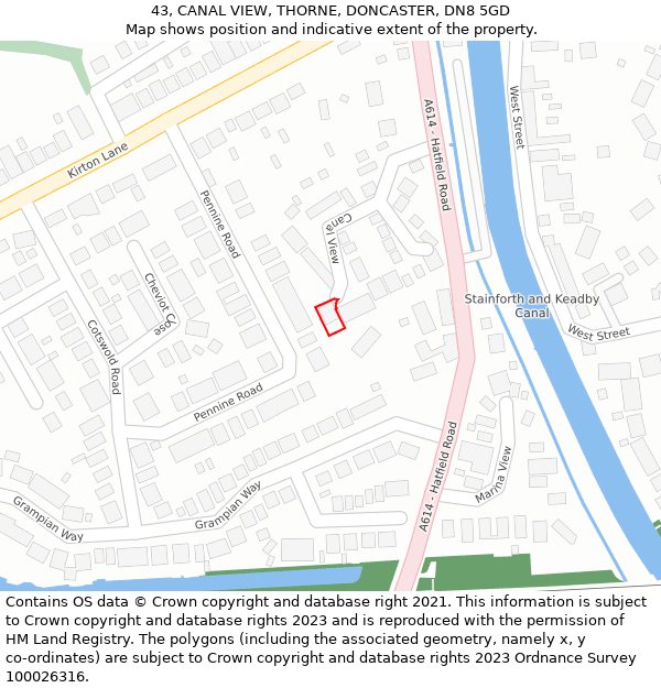 43, CANAL VIEW, THORNE, DONCASTER, DN8 5GD: Location map and indicative extent of plot