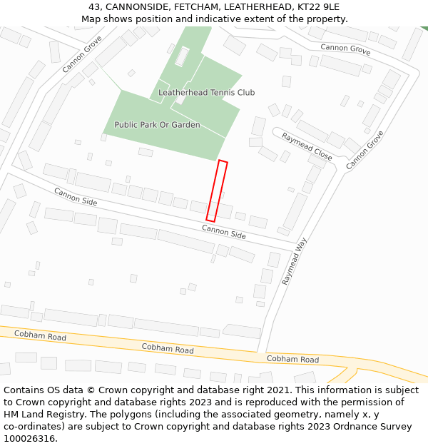 43, CANNONSIDE, FETCHAM, LEATHERHEAD, KT22 9LE: Location map and indicative extent of plot