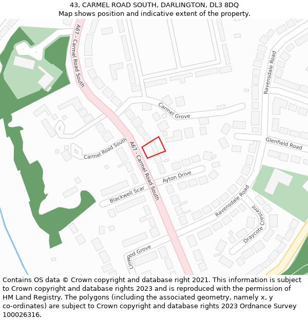 43, CARMEL ROAD SOUTH, DARLINGTON, DL3 8DQ: Location map and indicative extent of plot