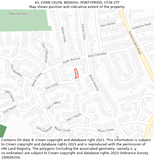 43, CARN CELYN, BEDDAU, PONTYPRIDD, CF38 2TF: Location map and indicative extent of plot