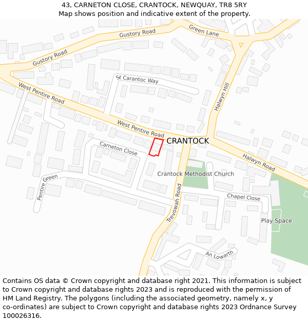 43, CARNETON CLOSE, CRANTOCK, NEWQUAY, TR8 5RY: Location map and indicative extent of plot