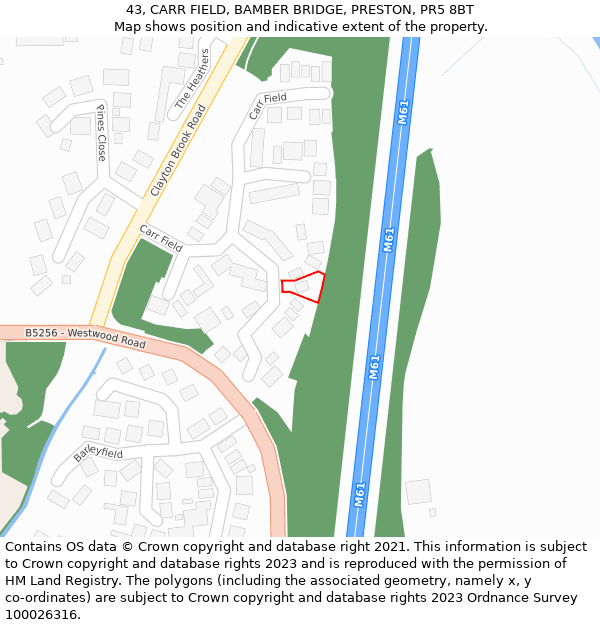 43, CARR FIELD, BAMBER BRIDGE, PRESTON, PR5 8BT: Location map and indicative extent of plot