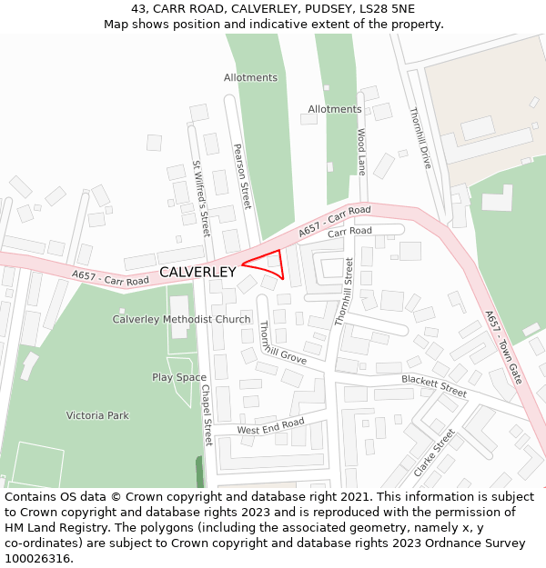 43, CARR ROAD, CALVERLEY, PUDSEY, LS28 5NE: Location map and indicative extent of plot