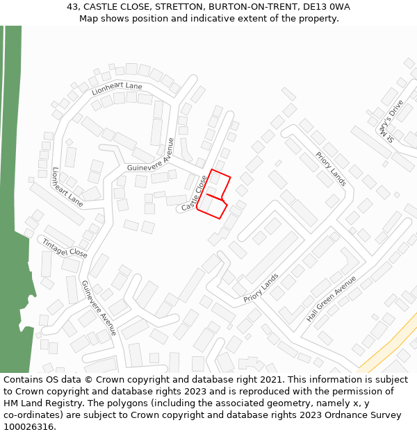 43, CASTLE CLOSE, STRETTON, BURTON-ON-TRENT, DE13 0WA: Location map and indicative extent of plot