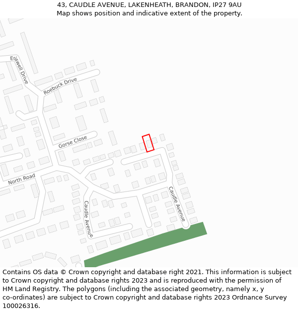 43, CAUDLE AVENUE, LAKENHEATH, BRANDON, IP27 9AU: Location map and indicative extent of plot