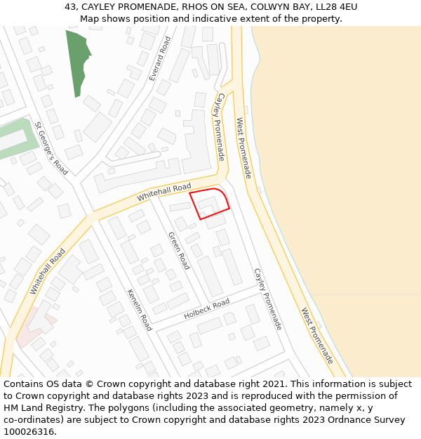 43, CAYLEY PROMENADE, RHOS ON SEA, COLWYN BAY, LL28 4EU: Location map and indicative extent of plot
