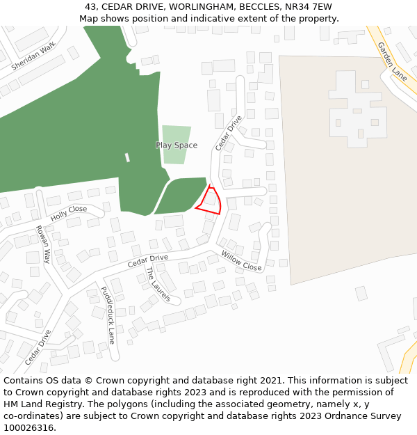 43, CEDAR DRIVE, WORLINGHAM, BECCLES, NR34 7EW: Location map and indicative extent of plot