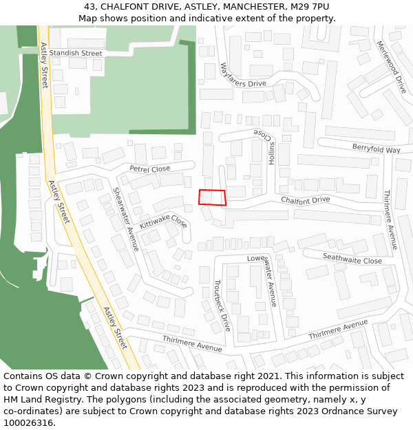 43, CHALFONT DRIVE, ASTLEY, MANCHESTER, M29 7PU: Location map and indicative extent of plot