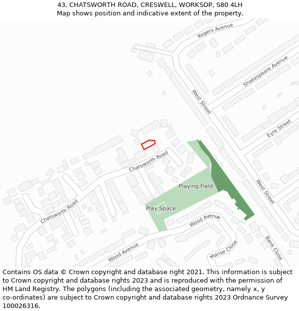 43, CHATSWORTH ROAD, CRESWELL, WORKSOP, S80 4LH: Location map and indicative extent of plot