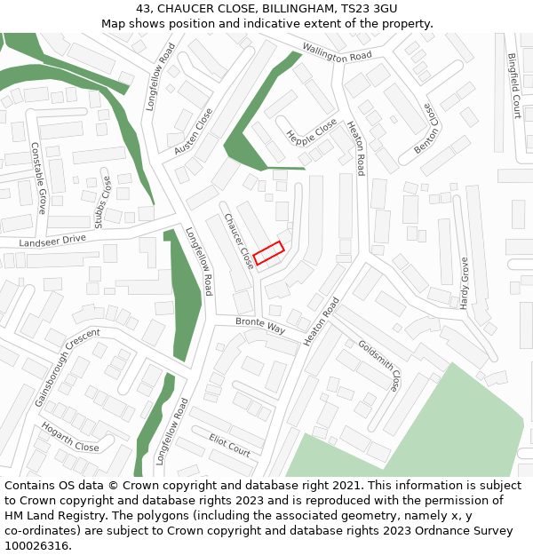 43, CHAUCER CLOSE, BILLINGHAM, TS23 3GU: Location map and indicative extent of plot