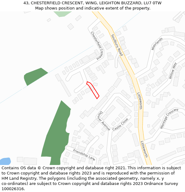 43, CHESTERFIELD CRESCENT, WING, LEIGHTON BUZZARD, LU7 0TW: Location map and indicative extent of plot