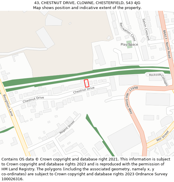 43, CHESTNUT DRIVE, CLOWNE, CHESTERFIELD, S43 4JG: Location map and indicative extent of plot