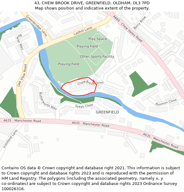 43, CHEW BROOK DRIVE, GREENFIELD, OLDHAM, OL3 7PD: Location map and indicative extent of plot