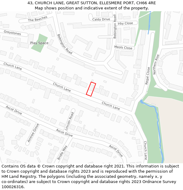 43, CHURCH LANE, GREAT SUTTON, ELLESMERE PORT, CH66 4RE: Location map and indicative extent of plot