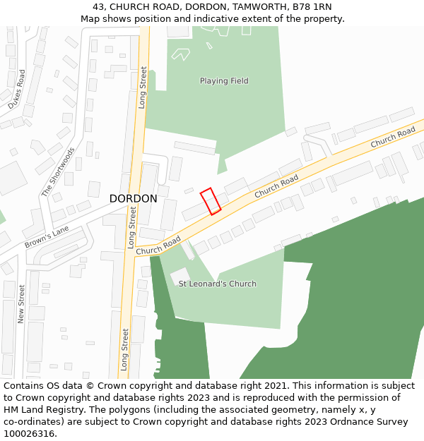 43, CHURCH ROAD, DORDON, TAMWORTH, B78 1RN: Location map and indicative extent of plot