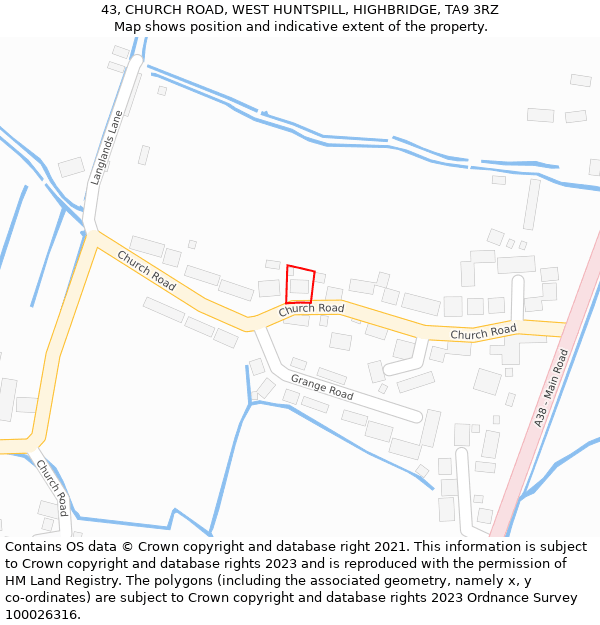 43, CHURCH ROAD, WEST HUNTSPILL, HIGHBRIDGE, TA9 3RZ: Location map and indicative extent of plot