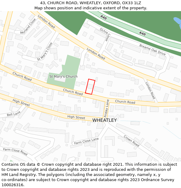 43, CHURCH ROAD, WHEATLEY, OXFORD, OX33 1LZ: Location map and indicative extent of plot