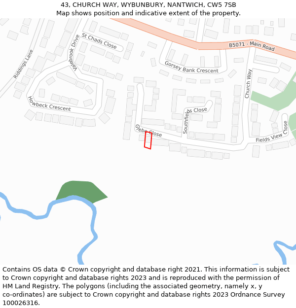 43, CHURCH WAY, WYBUNBURY, NANTWICH, CW5 7SB: Location map and indicative extent of plot