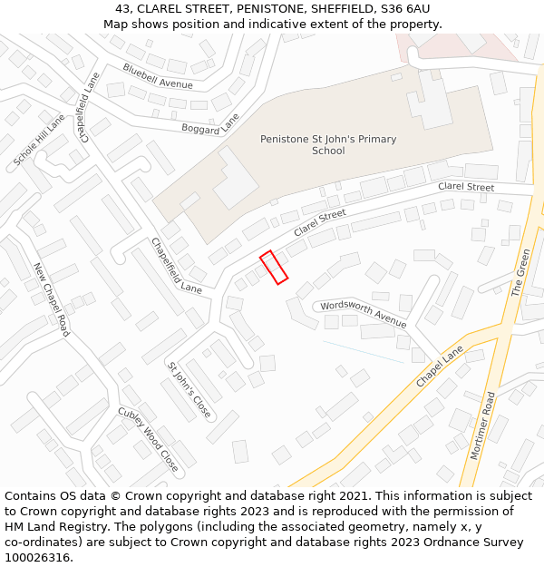 43, CLAREL STREET, PENISTONE, SHEFFIELD, S36 6AU: Location map and indicative extent of plot