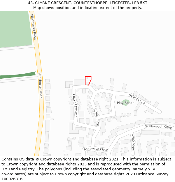 43, CLARKE CRESCENT, COUNTESTHORPE, LEICESTER, LE8 5XT: Location map and indicative extent of plot
