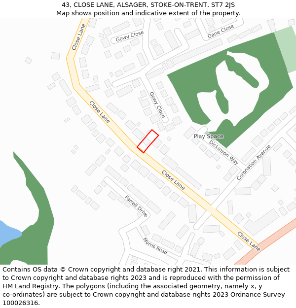 43, CLOSE LANE, ALSAGER, STOKE-ON-TRENT, ST7 2JS: Location map and indicative extent of plot