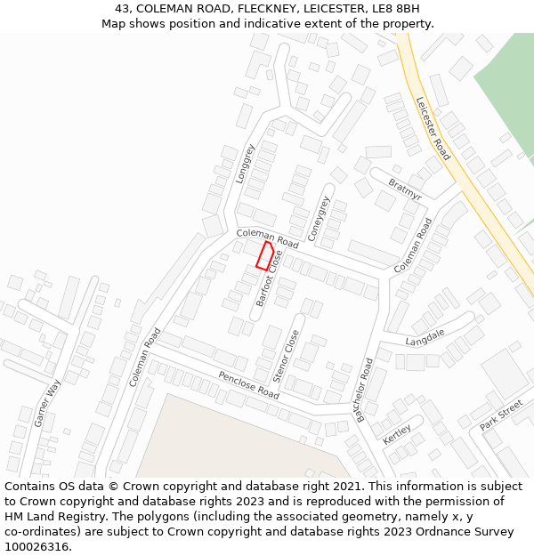 43, COLEMAN ROAD, FLECKNEY, LEICESTER, LE8 8BH: Location map and indicative extent of plot