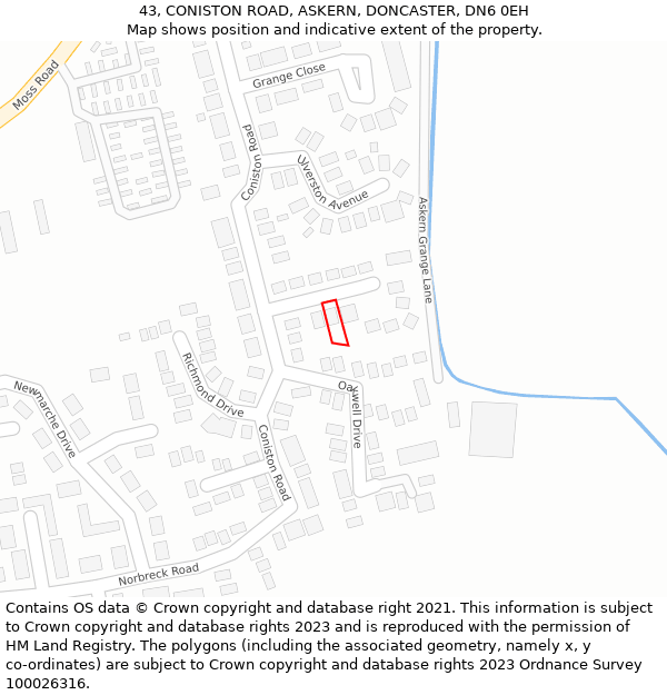 43, CONISTON ROAD, ASKERN, DONCASTER, DN6 0EH: Location map and indicative extent of plot
