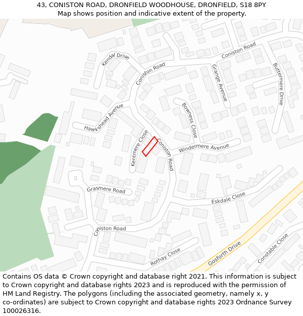 43, CONISTON ROAD, DRONFIELD WOODHOUSE, DRONFIELD, S18 8PY: Location map and indicative extent of plot
