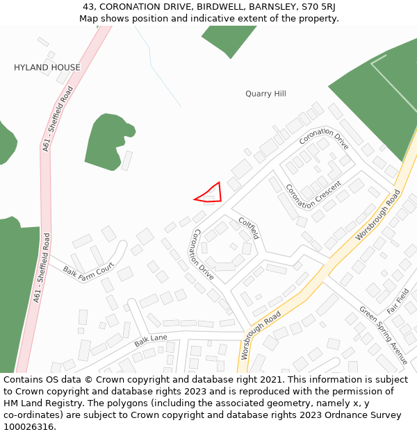 43, CORONATION DRIVE, BIRDWELL, BARNSLEY, S70 5RJ: Location map and indicative extent of plot