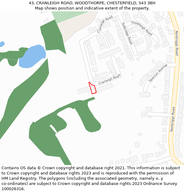 43, CRANLEIGH ROAD, WOODTHORPE, CHESTERFIELD, S43 3BH: Location map and indicative extent of plot
