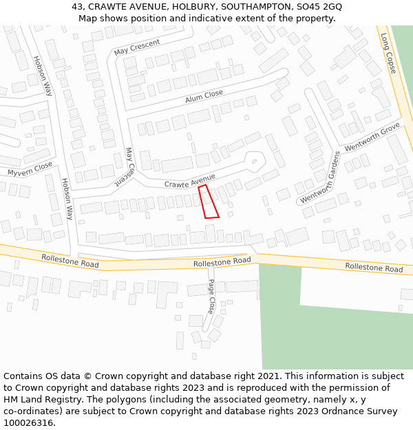 43, CRAWTE AVENUE, HOLBURY, SOUTHAMPTON, SO45 2GQ: Location map and indicative extent of plot