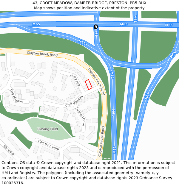 43, CROFT MEADOW, BAMBER BRIDGE, PRESTON, PR5 8HX: Location map and indicative extent of plot