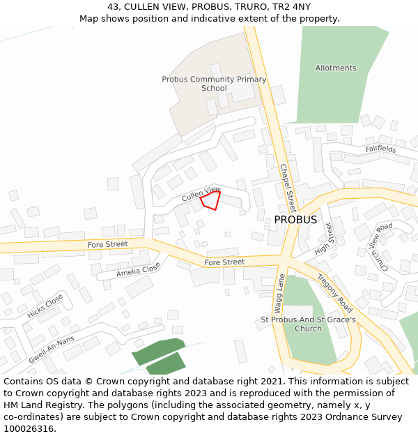 43, CULLEN VIEW, PROBUS, TRURO, TR2 4NY: Location map and indicative extent of plot